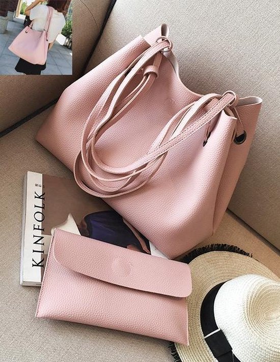 Fashionidea - mooie grote roze leren tassen 2-delige set chique shopper en  handige clutch | bol.com