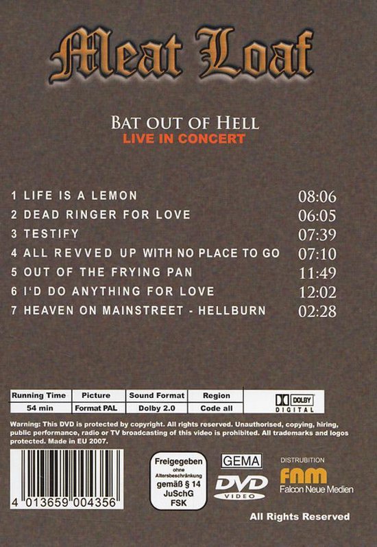 Meat Loaf Live In Concert, Meat Loaf Muziek bol
