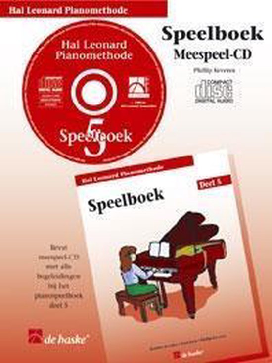 Livre de partitions 5, partie 5 de la méthode de piano Hal Leonard, avec l'image d'une fille à un piano à queue. CD rouge avec "Speelboek 5".
