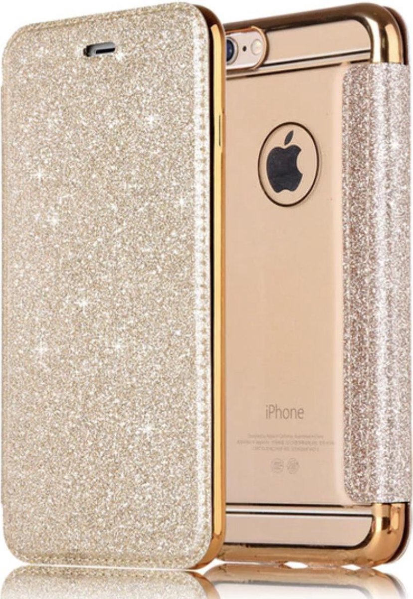 Geschikt voor Apple iPhone 7 Plus - 8 Plus Flip Case - Goud - Glitter - PU leer - Soft TPU - Folio