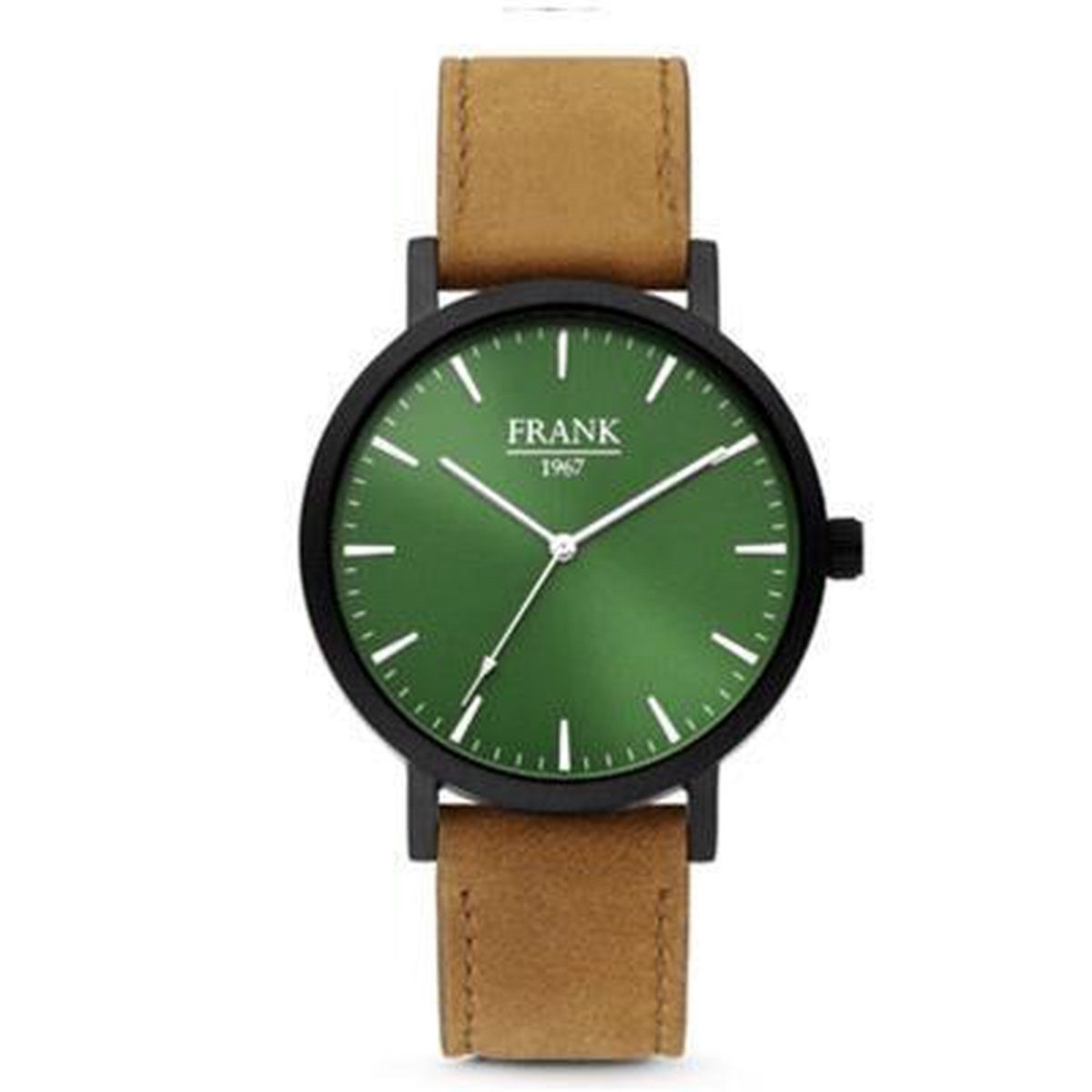 Frank 1967 7FW-0008 - Metalen horloge met lederen band - bruin en groen -Doorsnee 42 mm