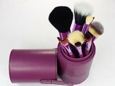 12-delige make-up kwasten (brush) set – lederen koker - paars