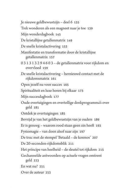Inhoudsopgave met titels als 'Mijn wonderdagboek' en 'De kristalmatrix'.