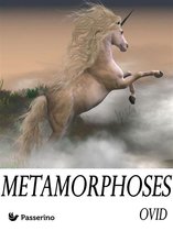 Une licorne avec une longue crinière blonde flottante et une corne sur la tête, bondissant dans l'air brumeux. Le texte 'METAMORPHOSES OVID Passerino' est en bas.