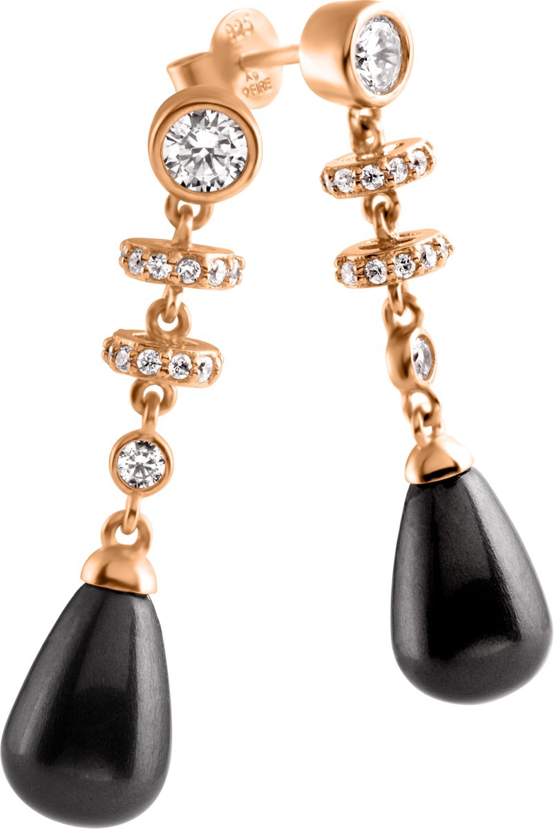 Diamonfire - Zilveren oorhangers Pearls - Zirkonia - Zwarte parel - Rosegoudverguld