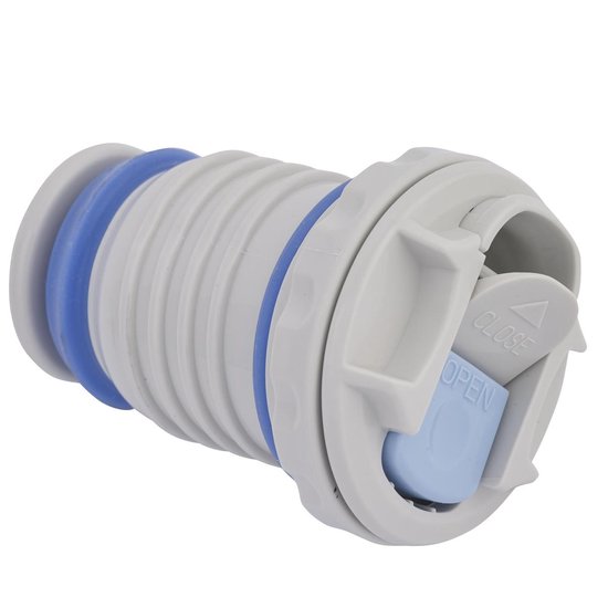 Grijze Thermosfles dop met blauwe accenten en markeringen 'Open' en 'Close'.