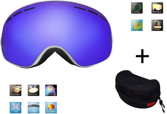 Ski & Snowboard bril / Goggle met hard case lens Smoke Bleu frame Wit F type 2 Cat. 0 tot 4 - â˜€/â˜ lens kan verwisseld worden is extra optie.