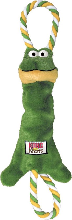 Groene kikker met gele kin en touwen met witte, gele en groene strepen.