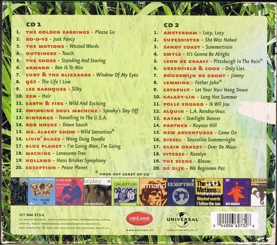 Achterkant albumhoes met tracklists voor CD1 en CD2, logo's en afbeeldingen van artiesten. 'Hormonen op hol - 40 Nederpop Klassiekers'.