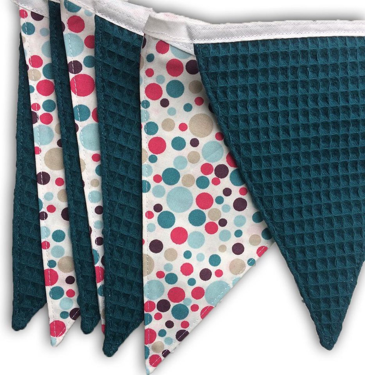 Stoffen vlaggenlijn - Gekleurde Dots - Petrol - Wafelkatoen - 7 vlaggetjes - babykamer