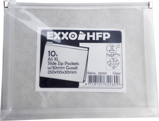 EXXO-HFP #34260 - A5-XL Documententas met schuifrits - 30mm plooi voor extra ruimte - 10 stuks (1 pak @ 10 stuks)