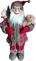 Grote kerstman met teddybeer in jas met schotse ruit - 60cm