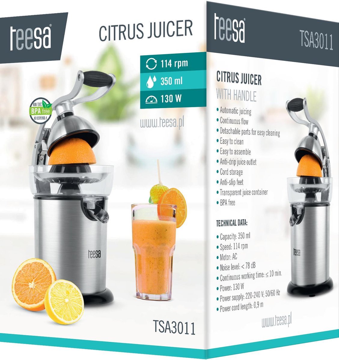 Teesa TSA3011 - Automatische citruspers met handvat, 350 ml thumbnail 4