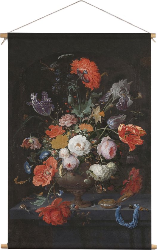 Stilleven met bloemen en een horloge | Abraham Mignon | ca. 1660 - ca. 1679  | Kunst | Textieldoek | Textielposter | Wanddecoratie | 90CM x 135CM” | Schilderij