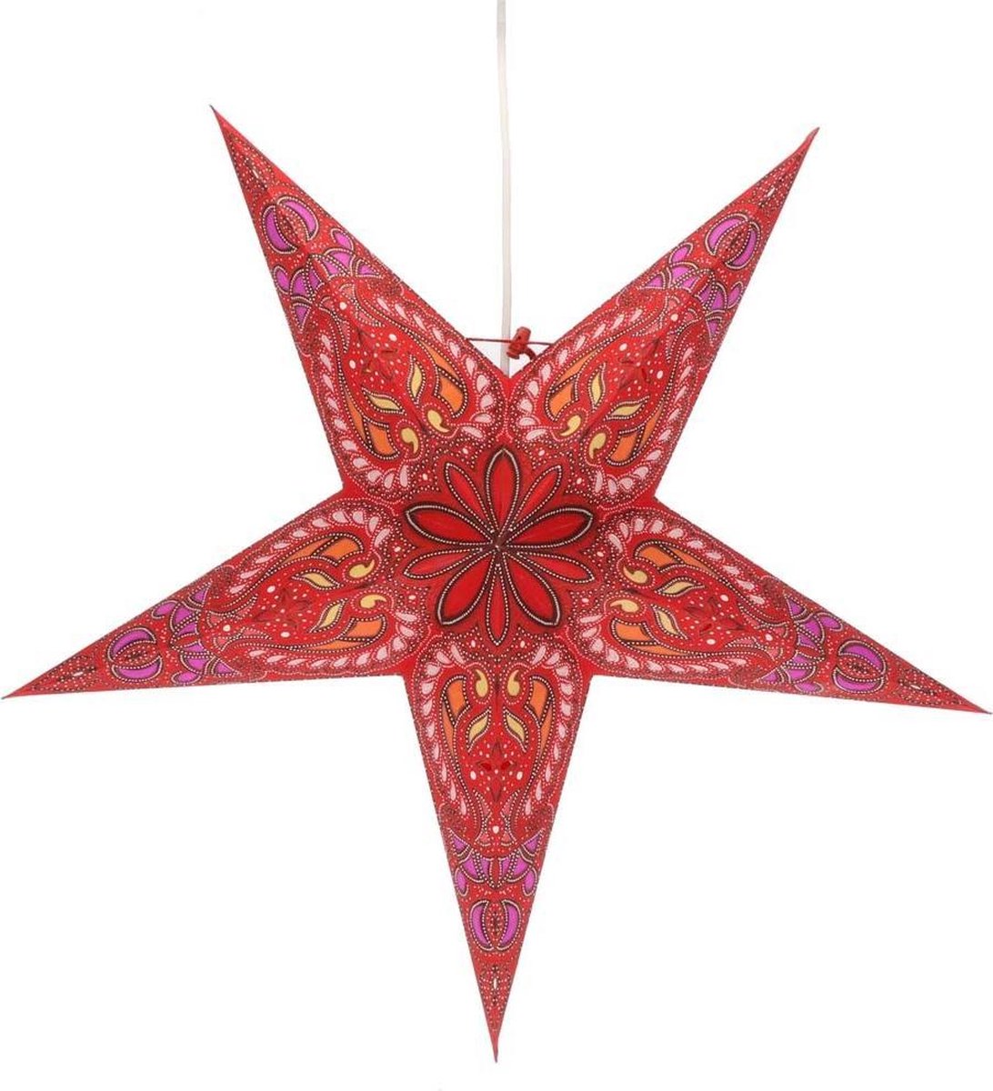 Kerstster papier met verlichting - 60 cm diameter, 24 cm diep - Kerst ster voor binnen - Ganesha Rood - FSC papier - Incl. 3 m. snoer met stekker, schakelaar en E14-fitting - Kerst Raam decoratie - Kerstversiering - Kerstverlichting – foto 7