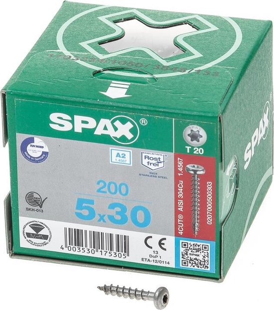 Spax Spaanplaatschroef cilinderkop RVS T-Star T20 5.0x30mm (per 200 stuks)