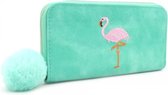 Portemonnee - Met flamingo en pompom - Groen - Veel ruimte voor pasjes en geld