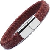 Gevlochten Heren Armband – 100% Echt Leder & Edelstaal – Magneetsluiting – 18.5 cm – Rood & Zilverkleurig - Rhylane®