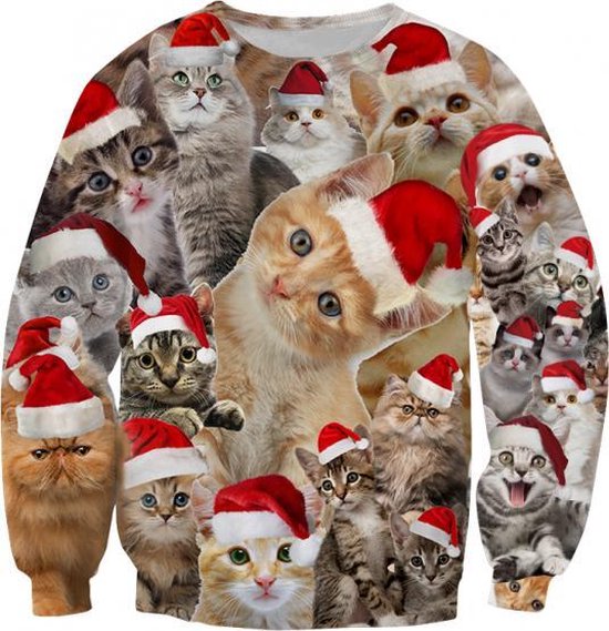 Foute Kersttrui met fluffy katten - L