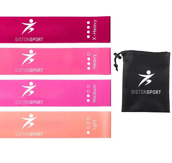 Vier roze SistonSport weerstandsbanden, van licht tot extra zwaar, met een zwart opbergzakje.