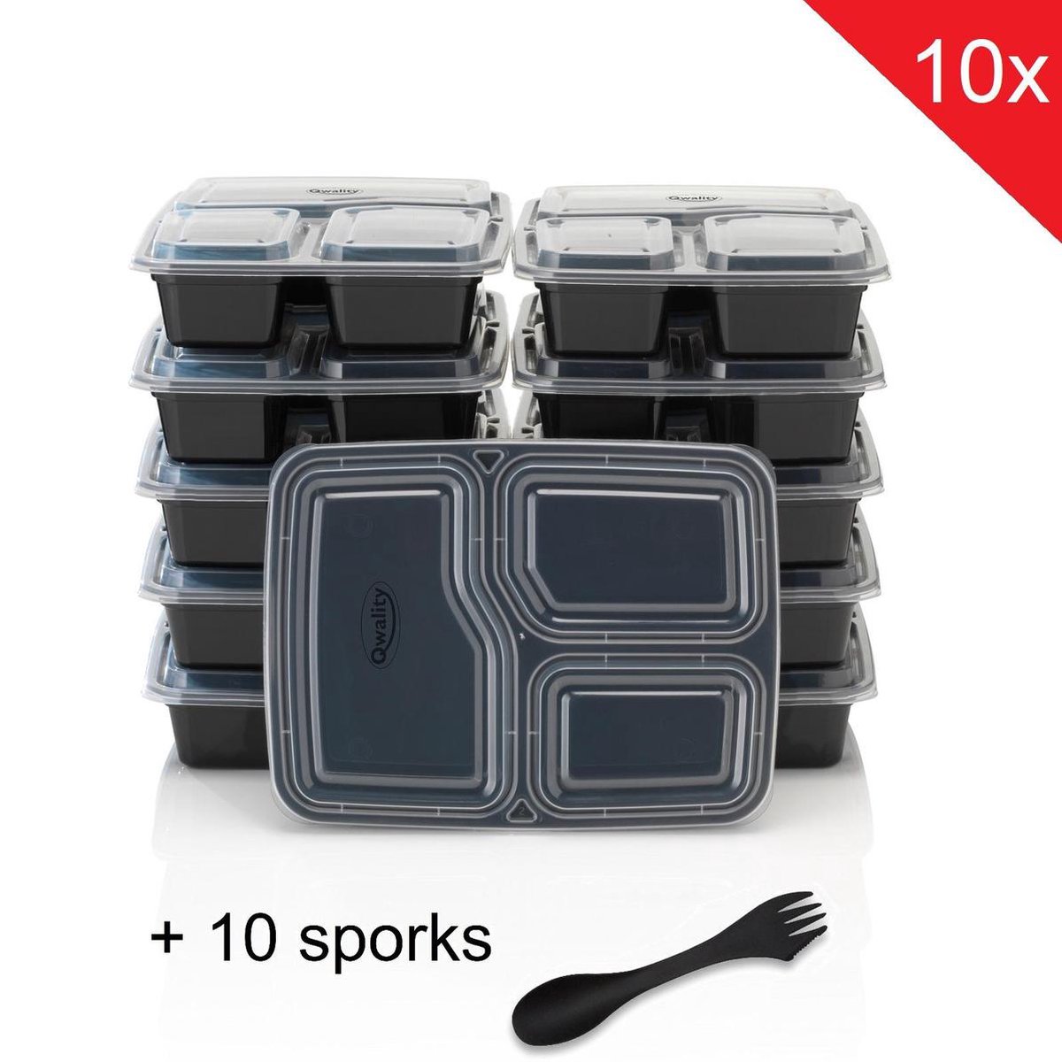 Meal Prep Bakjes - 10 Pack + 10 Sporks - Vershoud Lunchbox - Mealpreppen - 3 Vakken - 1L – Qwality