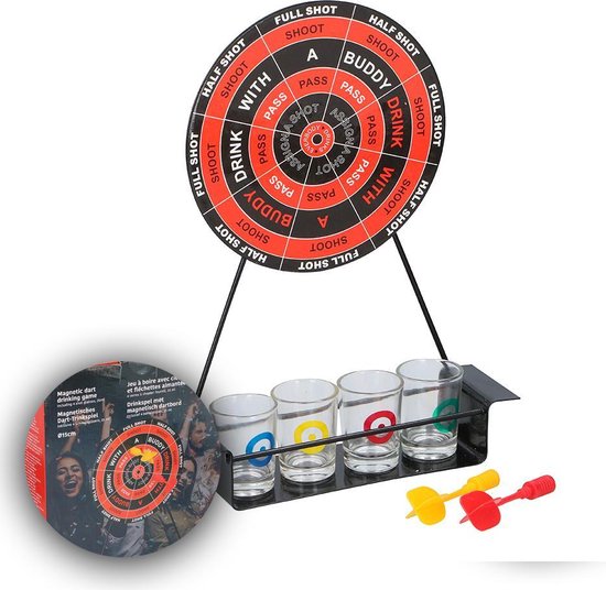 Afbeelding van het spel Drinkdarts Drankspel - Darten - Diameter 15 cm - 4 Shots - Metalen Dartbord - 4 shotglazen - 4 pijltjes