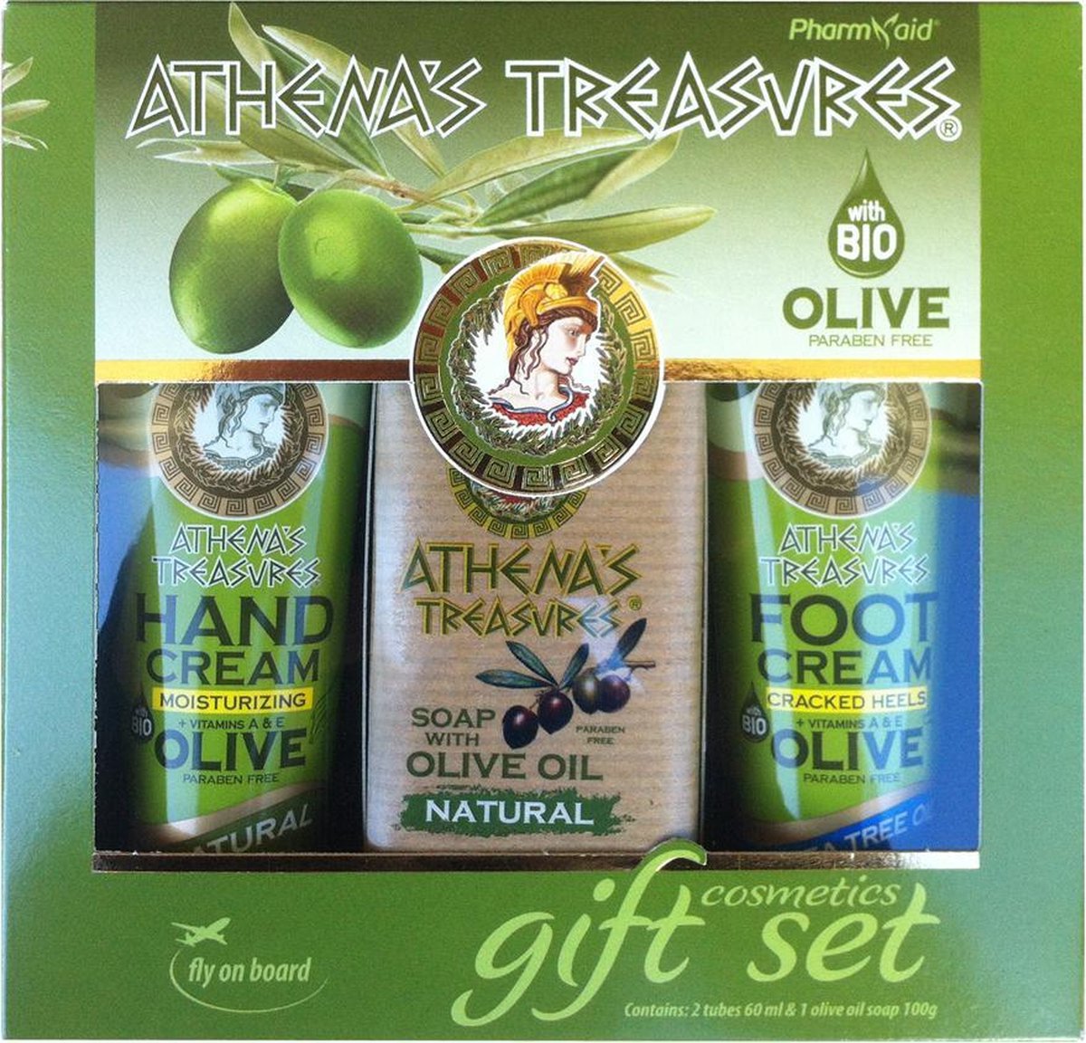 Goedkoopste Pharmaid Athenas Treasures Cadeauset 23 | Handcrème Natural | Voetcrème Tea Tree Oil 60ml | Olijolie Zeep 100gr | Cadeau Skincare