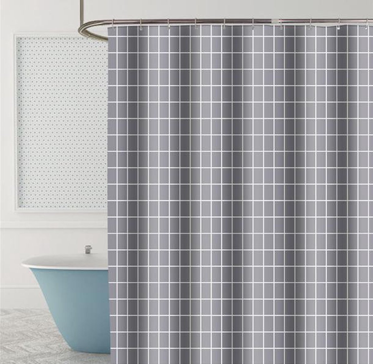 Sandesen® Douchegordijn Grijs met witte vierkantjes 80x180 ringen