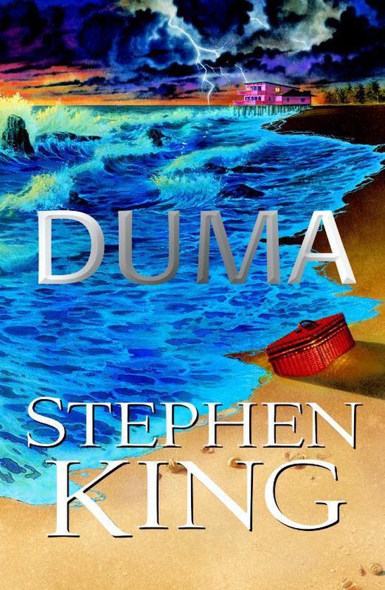 Boekomslag "Duma" van Stephen King. Een strand met zeeschelpen, een rode picknickmand, woeste golven, bliksem en een huis op palen.