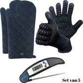 Gohh  Set van 2 BBQ Handschoenen (Kevlar-Aramide), 2 Canvas Ovenwanten en 1 Zwarte Inklapbare Vleesthermometer