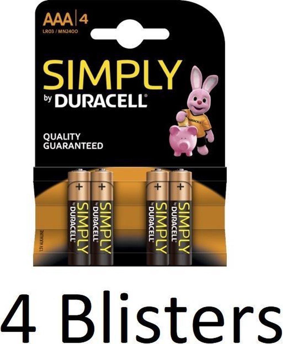 16 Stuks (4 Blisters a 4 st) Duracell AAA Simply Batterijen