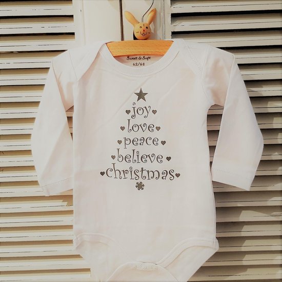 Foto: Baby rompertje met tekst unisex joy love peace lange mouw wit maat 62 68 mijn eerste kerstmis baby kleding kerst kerstkleding kerstpakje aankondiging bekendmaking zwangerschap cadeau voor de liefste aanstaande