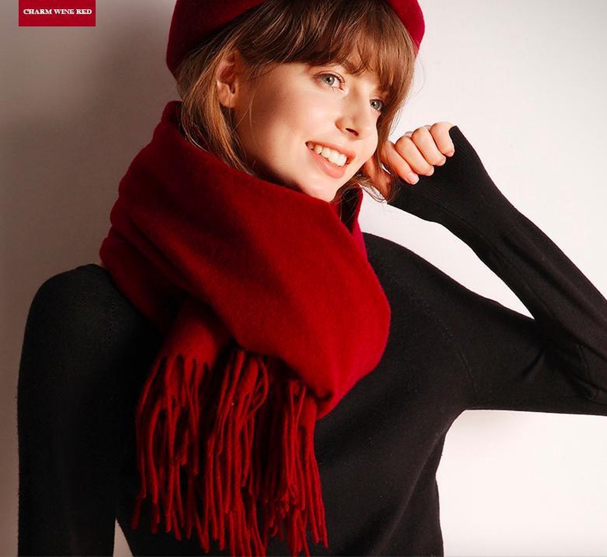 FS Canada sjaal van wol met franjes 200 x 70 cm - wine red