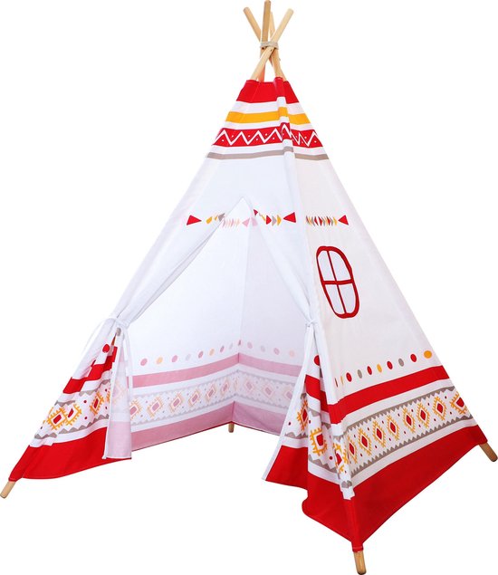 Sunny LED Tipi Tent Rood/wit - 60 LED lampjes - FSC houten palen - 120 x 120 x 160 cm