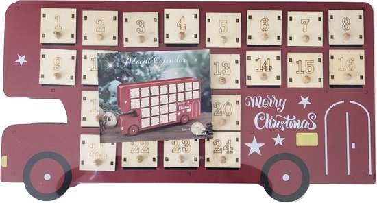 Adventskalender van hout- Bus met genummerde vakjes - 41,5 x 8 x 22,5 cm - Rood