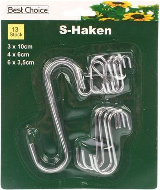 Verpakking met 13 stuks S-vormige haken in 3 maten: 3x10cm, 4x6cm, 6x3,5cm, van roestvrij staal.