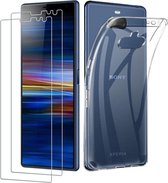 Sony Xperia 10 Plus Hoesje Transparant TPU Siliconen Soft Case + 2X Tempered Glass Screenprotector