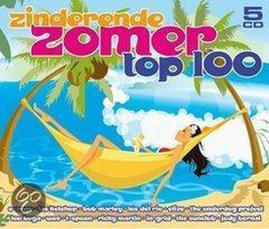 Zinderende Zomer Top 100, 5 CD's. Een vrouw ligt in een hangmat aan een tropisch strand.