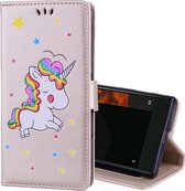 Voor Sony Xperia XZ Glitter poeder Unicorn patroon horizontale Flip lederen draagtas met houder & portemonnee & kaartsleuven & fotolijstjes (goud)