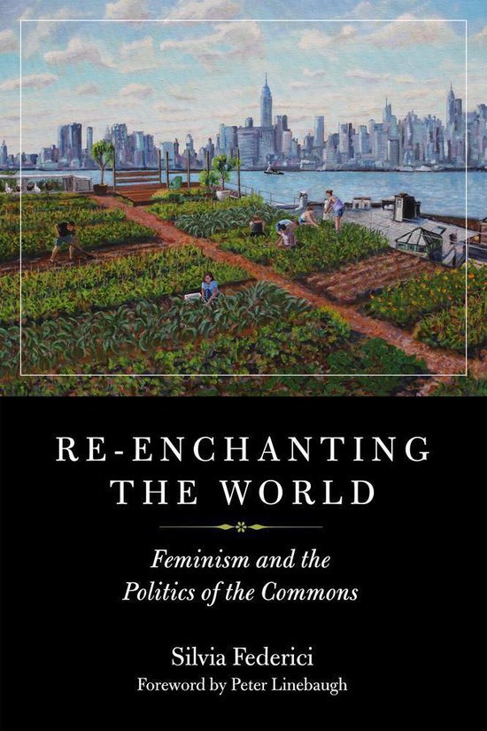 Boekomslag met de titel 'Re-enchanting the World: Feminism and the Politics of the Commons' door Silvia Federici. Een schilderij van een stad met een groen landschap op de voorgrond.