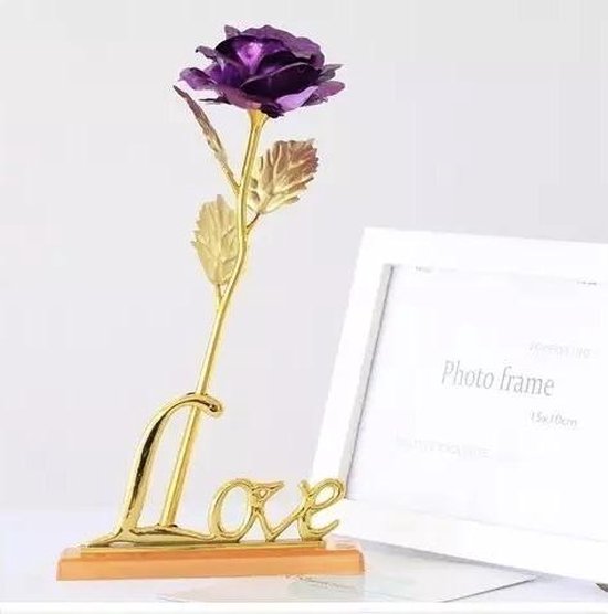 24K Golden Rose ( paars ) met LOVE standaard, geleverd in luxe geschenkdoos - 24K Gouden Roos - Cadeau - Moederdag - Vaderdag - Bedankt - Decoratie - DESIGN