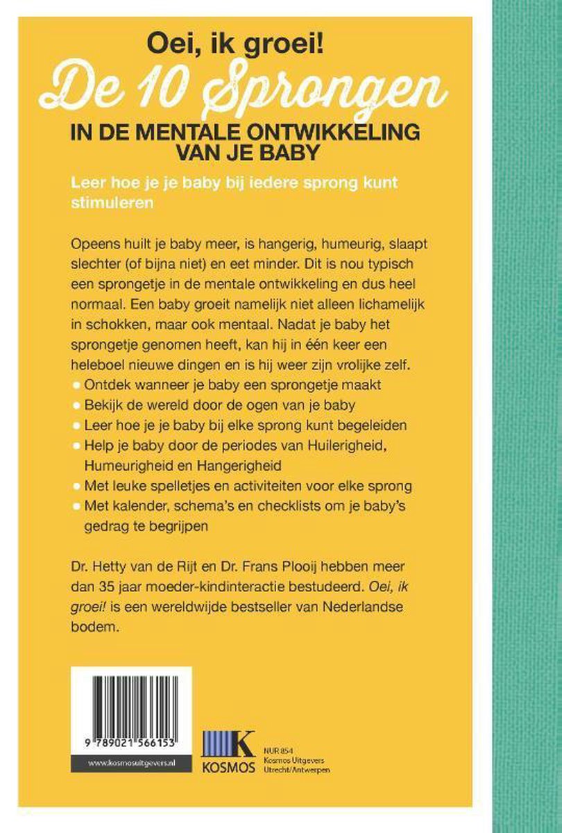 Achterkant boek 'Oei, ik groei!' met gele kaft. Informatie over mentale sprongen baby. Streepjescode onderaan.