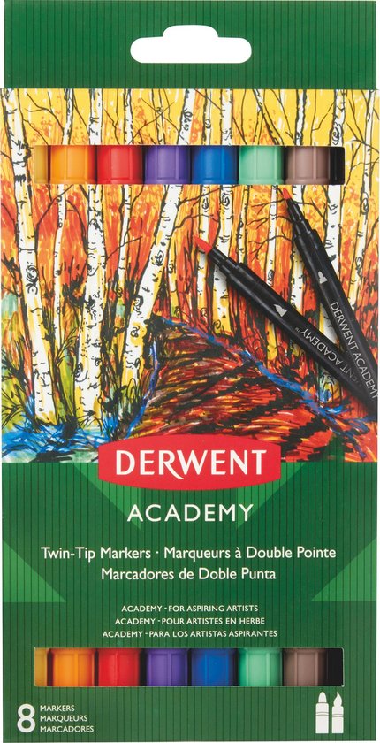 Derwent Marker Twin Tip Academy Brush - 8 Markers - Diverse Kleuren