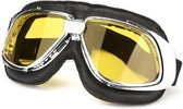 Retro, chrome zwart leren motorbril geel glas
