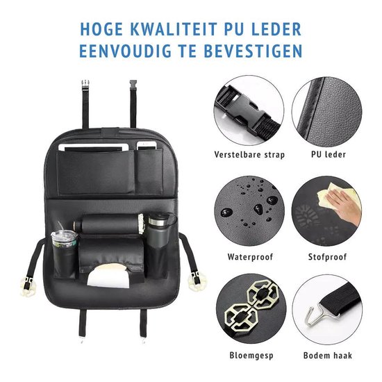 Luxe PU lederen autostoel organizer - Met uitklapbaar tafeltje en tablethouder - Achterbank auto organizer voor kinderen - Universeel - Zwart van Merkloos — afbeelding 2