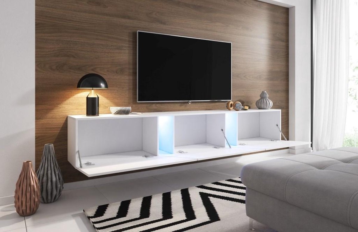 Zwevend Tv Meubel Hoogglans Wit – 240x34x40 cm – Hangend TV meubel Met LED – TV Kast Clean Design - Merkloos