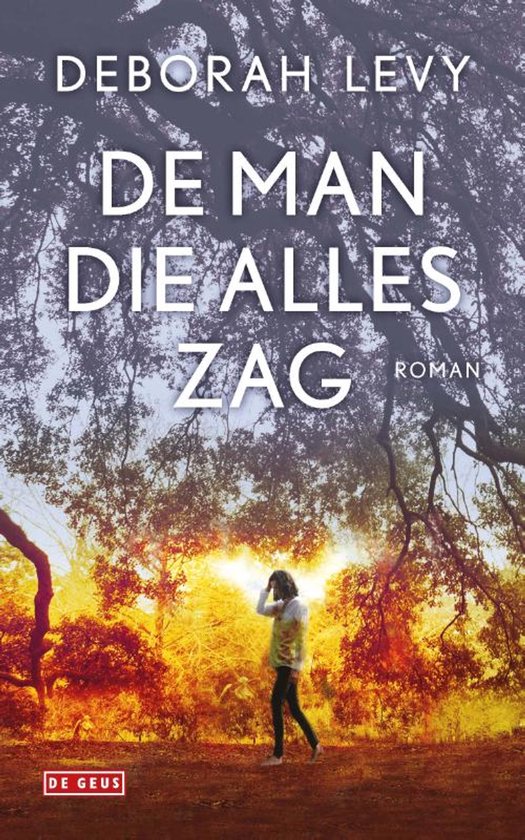 Boek 'De man die alles zag' van Deborah Levy, met een silhouet van een persoon tegen een achtergrond van bomen en oranje licht.