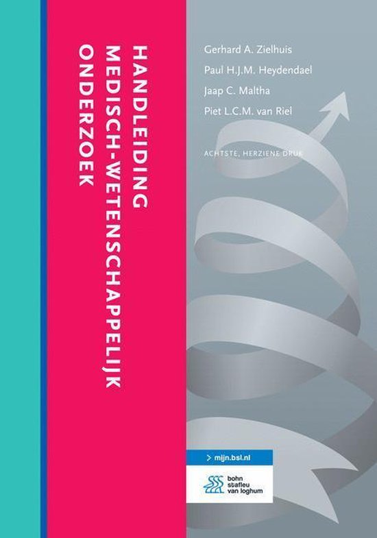 Boekomslag met de titel 'Handleiding medisch-wetenschappelijk onderzoek' in witte letters op een roze band. Rechts een grijze achtergrond met een opwaartse spiraal en pijltje.