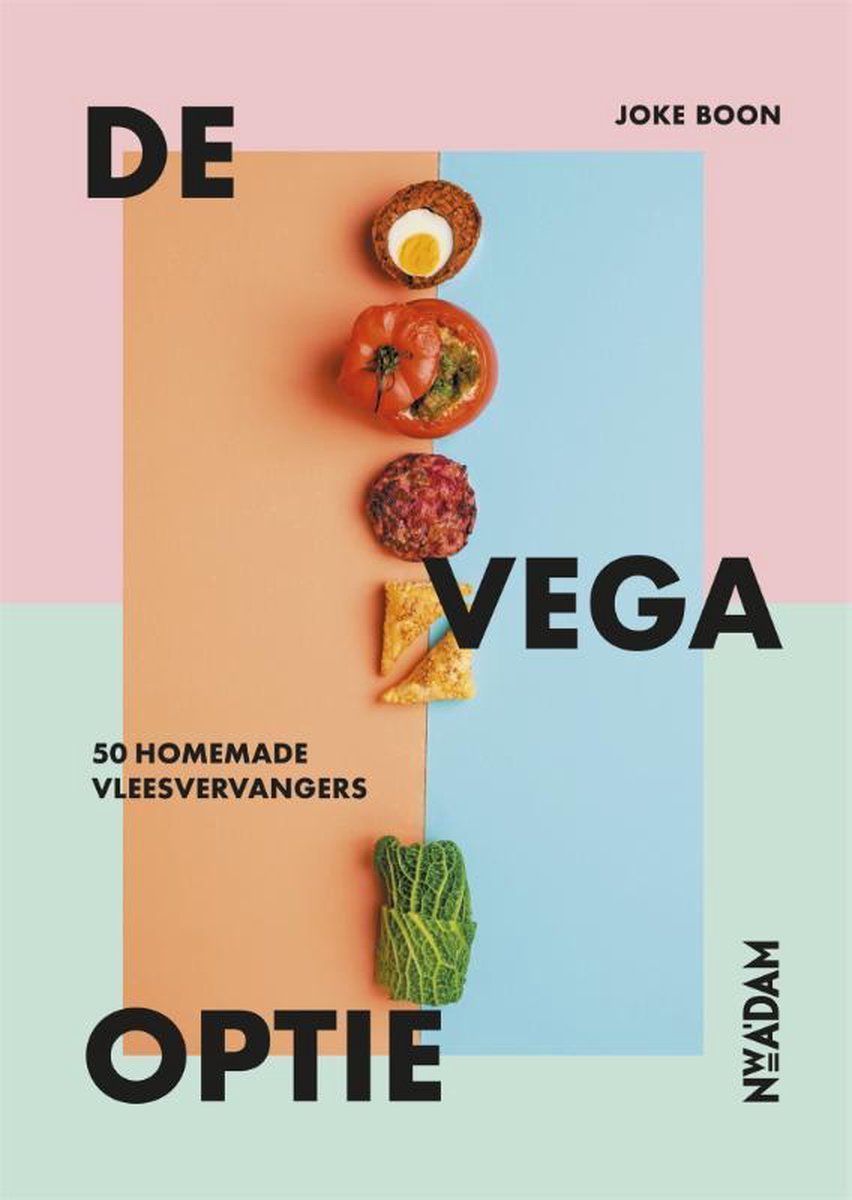 Boekcover 'De vega optie' met 'JOKE BOON' en '50 homemade vleesvervangers'. Bovenop gestapeld: een stukje burger, tomaat, rode kool salade, kaas en savooiekool.