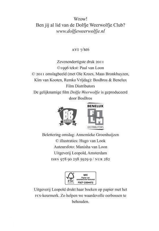 Pagina met informatie over het boek Dolfje Weerwolfje, uitgever en drukinformatie.